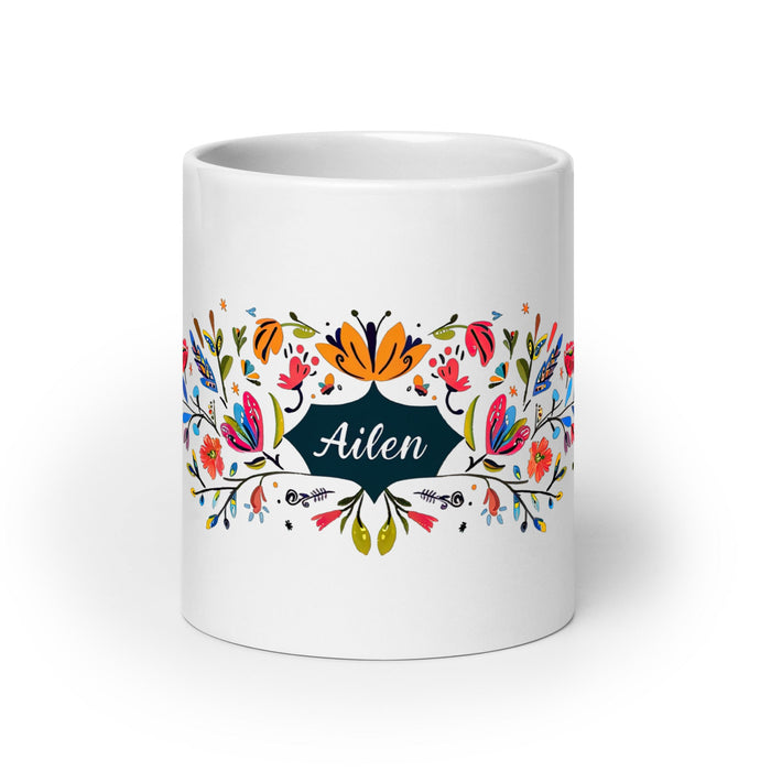 Ailén Exclusive Name Art Piece Home Office Work Coffee Mug Mexican Spanish Pride Gift Cup One - Of - A - Kind Calligraphy White Glossy Mug | A16 - Mexicada