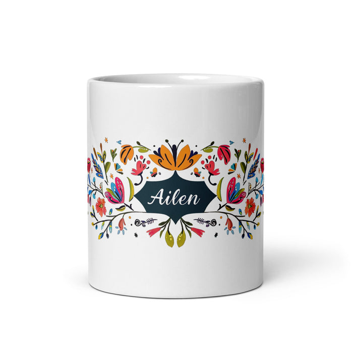 Ailén Exclusive Name Art Piece Home Office Work Coffee Mug Mexican Spanish Pride Gift Cup One - Of - A - Kind Calligraphy White Glossy Mug | A16 - Mexicada