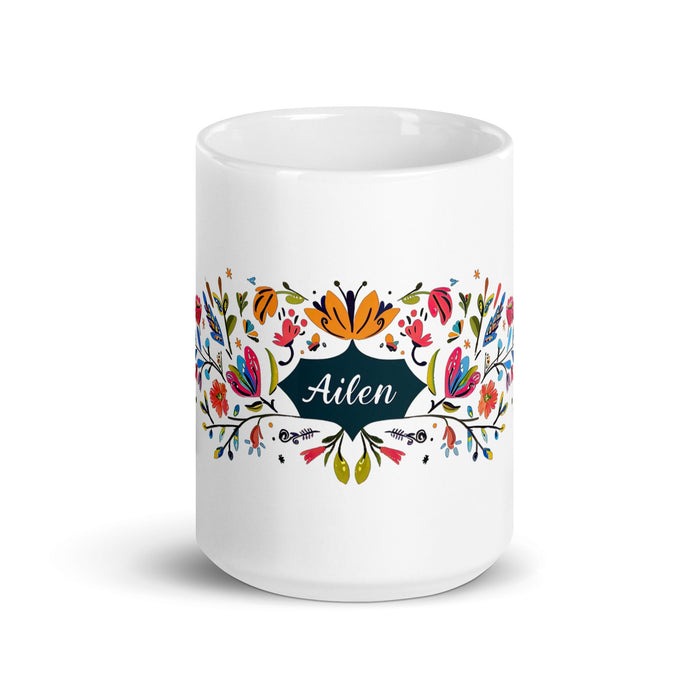 Ailén Exclusive Name Art Piece Home Office Work Coffee Mug Mexican Spanish Pride Gift Cup One - Of - A - Kind Calligraphy White Glossy Mug | A16 - Mexicada