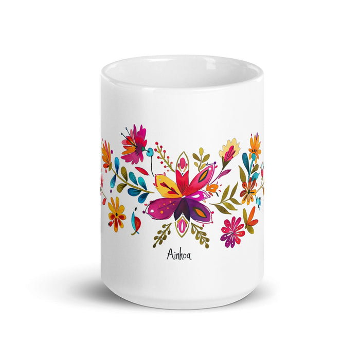 Ainhoa Exclusive Name Art Piece Home Office Work Coffee Mug Mexican Spanish Pride Gift Cup One-Of-A-Kind Calligraphy White Glossy Mug | A1 Mexicada