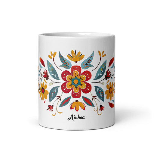 Ainhoa Exclusive Name Art Piece Home Office Work Coffee Mug Mexican Spanish Pride Gift Cup One-Of-A-Kind Calligraphy White Glossy Mug | A11 Mexicada