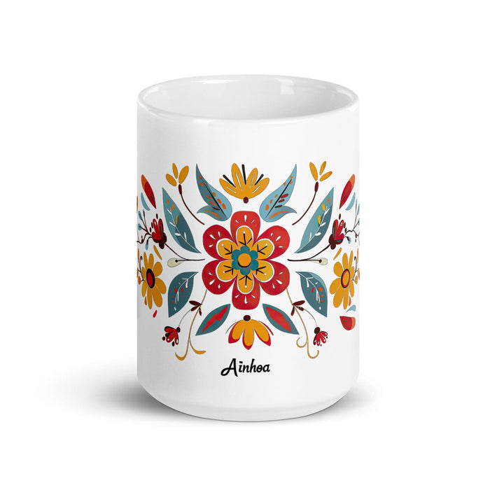 Ainhoa Exclusive Name Art Piece Home Office Work Coffee Mug Mexican Spanish Pride Gift Cup One-Of-A-Kind Calligraphy White Glossy Mug | A11 Mexicada