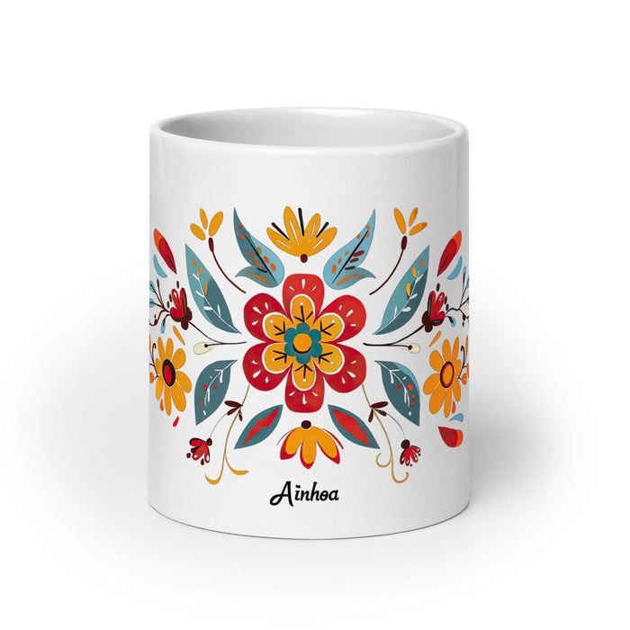 Ainhoa Exclusive Name Art Piece Home Office Work Coffee Mug Mexican Spanish Pride Gift Cup One-Of-A-Kind Calligraphy White Glossy Mug | A11 Mexicada