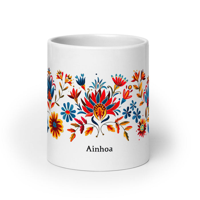 Ainhoa Exclusive Name Art Piece Home Office Work Coffee Mug Mexican Spanish Pride Gift Cup One-Of-A-Kind Calligraphy White Glossy Mug | A14 Mexicada