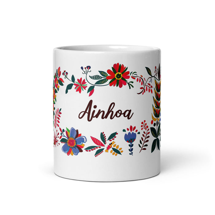 Ainhoa Exclusive Name Art Piece Home Office Work Coffee Mug Mexican Spanish Pride Gift Cup One - Of - A - Kind Calligraphy White Glossy Mug | A15 - Mexicada