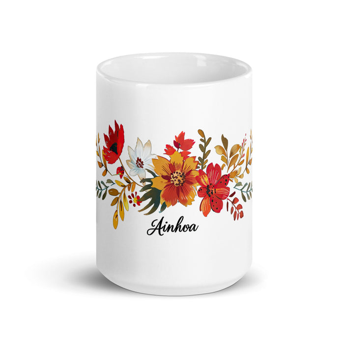 Ainhoa Exclusive Name Art Piece Home Office Work Coffee Mug Mexican Spanish Pride Gift Cup One - Of - A - Kind Calligraphy White Glossy Mug | A16 - Mexicada