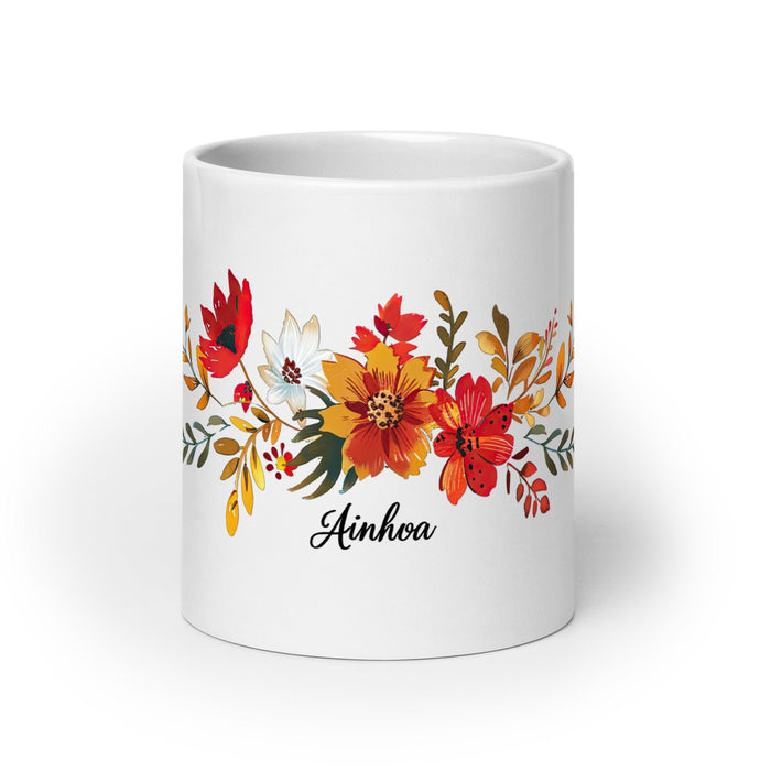 Ainhoa Exclusive Name Art Piece Home Office Work Coffee Mug Mexican Spanish Pride Gift Cup One-Of-A-Kind Calligraphy White Glossy Mug | A16 Mexicada