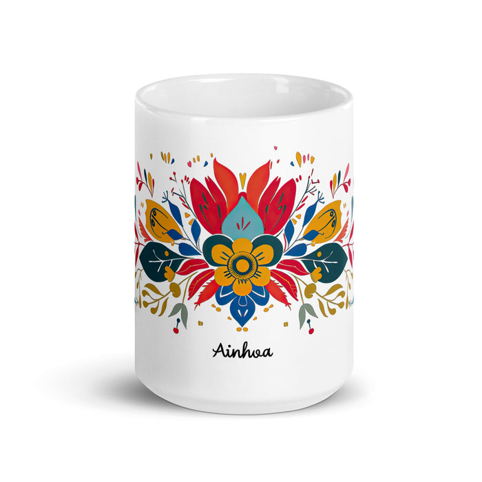 Ainhoa Exclusive Name Art Piece Home Office Work Coffee Mug Mexican Spanish Pride Gift Cup One - Of - A - Kind Calligraphy White Glossy Mug | A2 - Mexicada