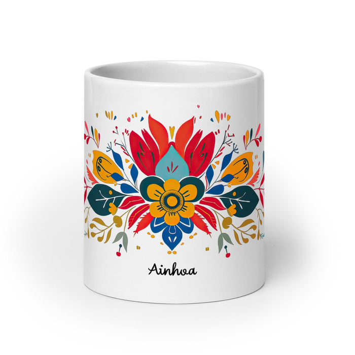 Ainhoa Exclusive Name Art Piece Home Office Work Coffee Mug Mexican Spanish Pride Gift Cup One-Of-A-Kind Calligraphy White Glossy Mug | A2 Mexicada