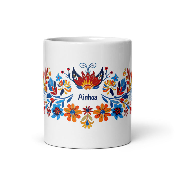 Ainhoa Exclusive Name Art Piece Home Office Work Coffee Mug Mexican Spanish Pride Gift Cup One - Of - A - Kind Calligraphy White Glossy Mug | A20 - Mexicada