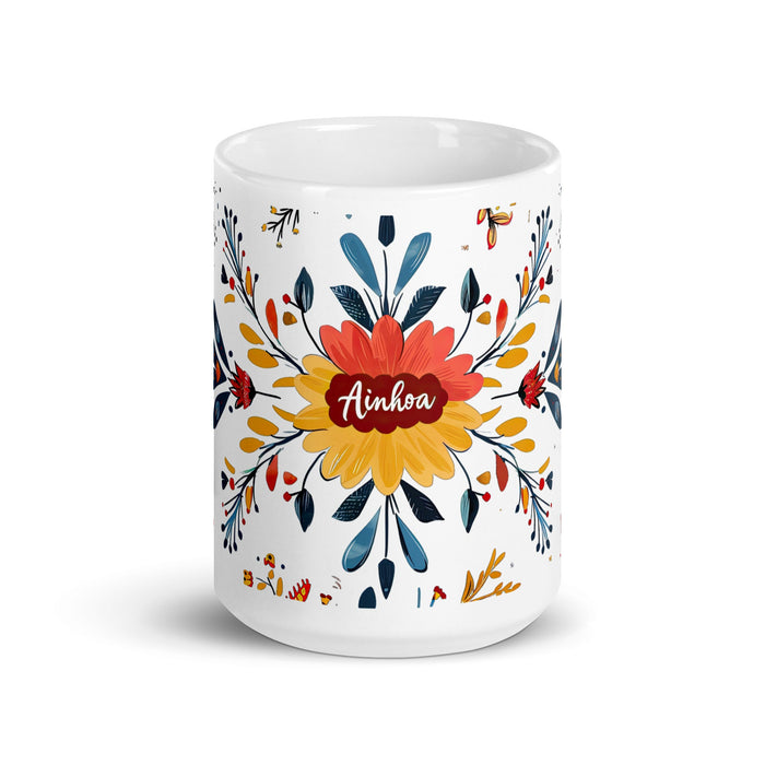 Ainhoa Exclusive Name Art Piece Home Office Work Coffee Mug Mexican Spanish Pride Gift Cup One - Of - A - Kind Calligraphy White Glossy Mug | A5 - Mexicada