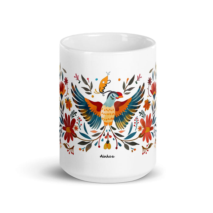 Ainhoa Exclusive Name Art Piece Home Office Work Coffee Mug Mexican Spanish Pride Gift Cup One-Of-A-Kind Calligraphy White Glossy Mug | A6 Mexicada