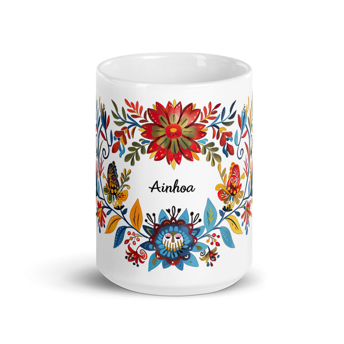 Ainhoa Exclusive Name Art Piece Home Office Work Coffee Mug Mexican Spanish Pride Gift Cup One - Of - A - Kind Calligraphy White Glossy Mug | A7 - Mexicada