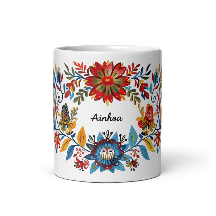 Ainhoa Exclusive Name Art Piece Home Office Work Coffee Mug Mexican Spanish Pride Gift Cup One-Of-A-Kind Calligraphy White Glossy Mug | A7 Mexicada