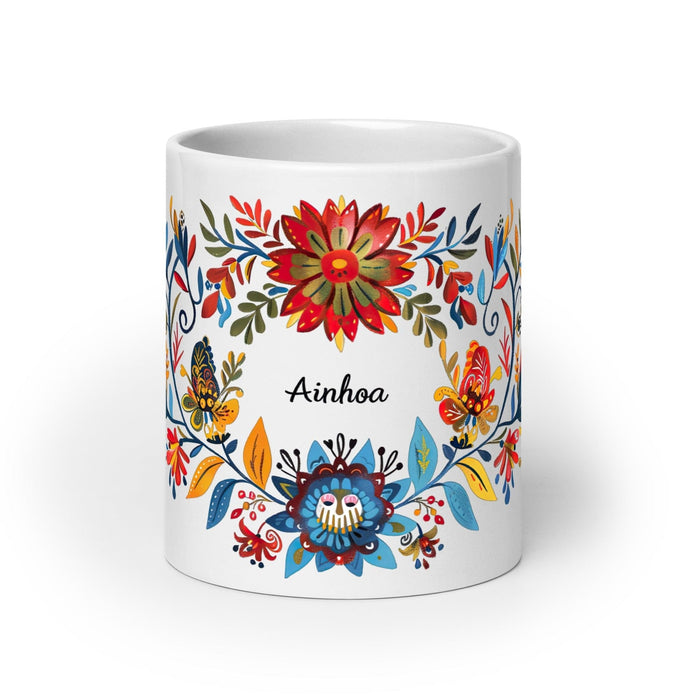 Ainhoa Exclusive Name Art Piece Home Office Work Coffee Mug Mexican Spanish Pride Gift Cup One-Of-A-Kind Calligraphy White Glossy Mug | A7 Mexicada