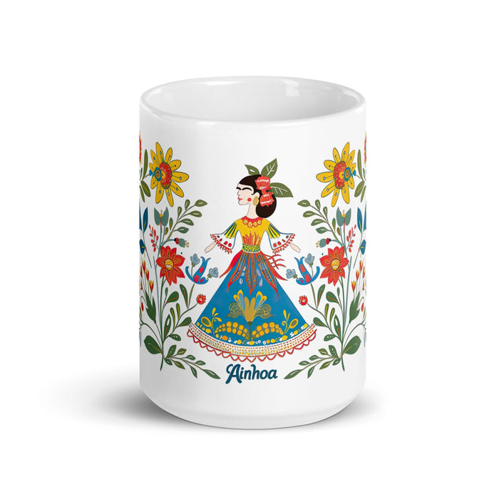 Ainhoa Exclusive Name Art Piece Home Office Work Coffee Mug Mexican Spanish Pride Gift Cup One - Of - A - Kind Calligraphy White Glossy Mug | A8 - Mexicada