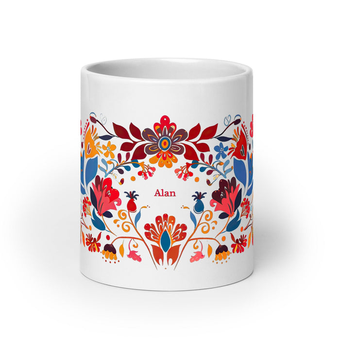 Alan Exclusive Name Art Piece Home Office Work Coffee Mug Mexican Spanish Pride Gift Cup One - Of - A - Kind Calligraphy White Glossy Mug | A1 - Mexicada