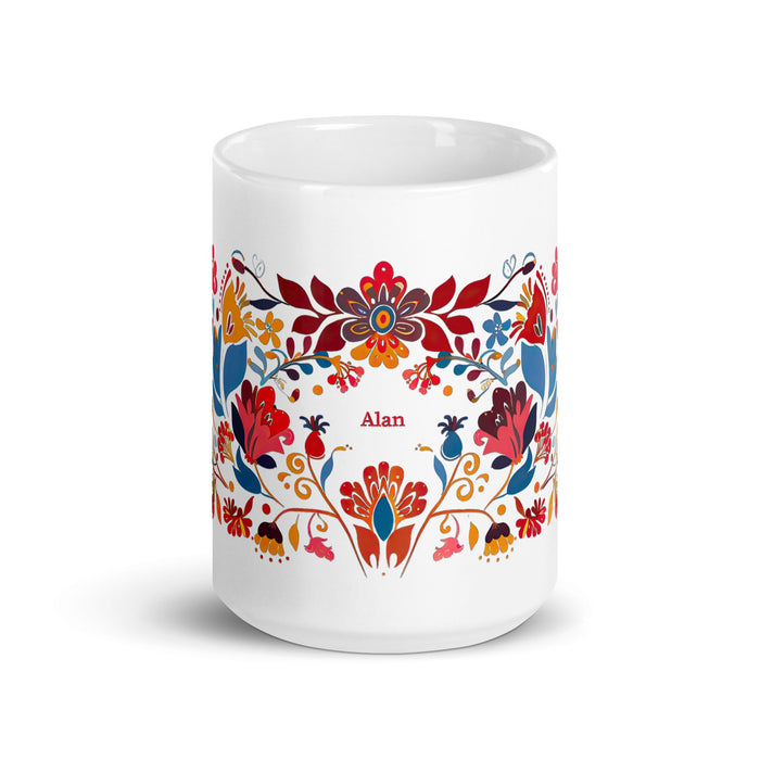 Alan Exclusive Name Art Piece Home Office Work Coffee Mug Mexican Spanish Pride Gift Cup One - Of - A - Kind Calligraphy White Glossy Mug | A1 - Mexicada