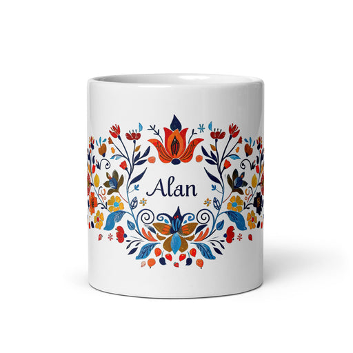 Alan Exclusive Name Art Piece Home Office Work Coffee Mug Mexican Spanish Pride Gift Cup One - Of - A - Kind Calligraphy White Glossy Mug | A2 - Mexicada