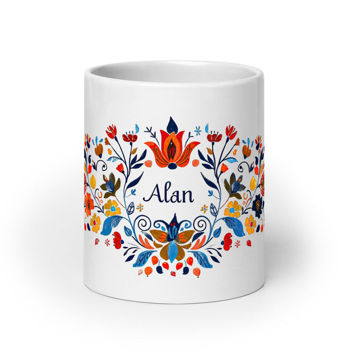 Alan Exclusive Name Art Piece Home Office Work Coffee Mug Mexican Spanish Pride Gift Cup One - Of - A - Kind Calligraphy White Glossy Mug | A2 - Mexicada