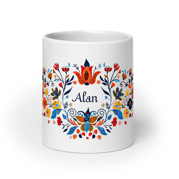 Alan Exclusive Name Art Piece Home Office Work Coffee Mug Mexican Spanish Pride Gift Cup One-Of-A-Kind Calligraphy White Glossy Mug | A2 Mexicada