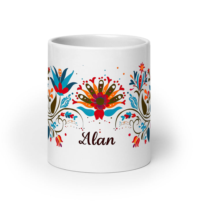 Alan Exclusive Name Art Piece Home Office Work Coffee Mug Mexican Spanish Pride Gift Cup One - Of - A - Kind Calligraphy White Glossy Mug | A4 - Mexicada