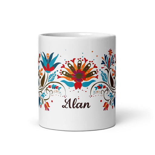 Alan Exclusive Name Art Piece Home Office Work Coffee Mug Mexican Spanish Pride Gift Cup One - Of - A - Kind Calligraphy White Glossy Mug | A4 - Mexicada