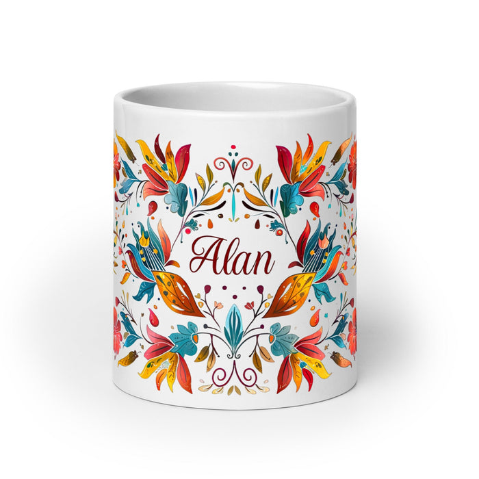 Alan Exclusive Name Art Piece Home Office Work Coffee Mug Mexican Spanish Pride Gift Cup One - Of - A - Kind Calligraphy White Glossy Mug | A6 - Mexicada