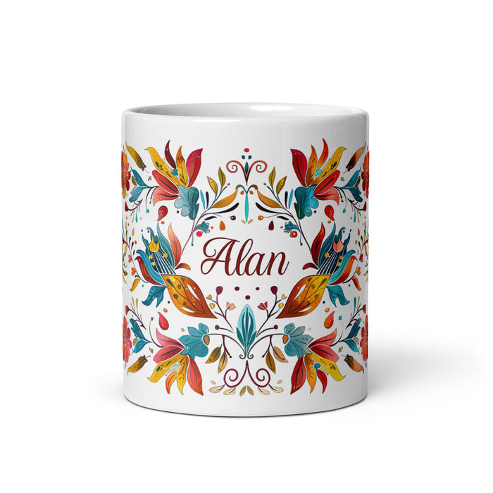 Alan Exclusive Name Art Piece Home Office Work Coffee Mug Mexican Spanish Pride Gift Cup One - Of - A - Kind Calligraphy White Glossy Mug | A6 - Mexicada