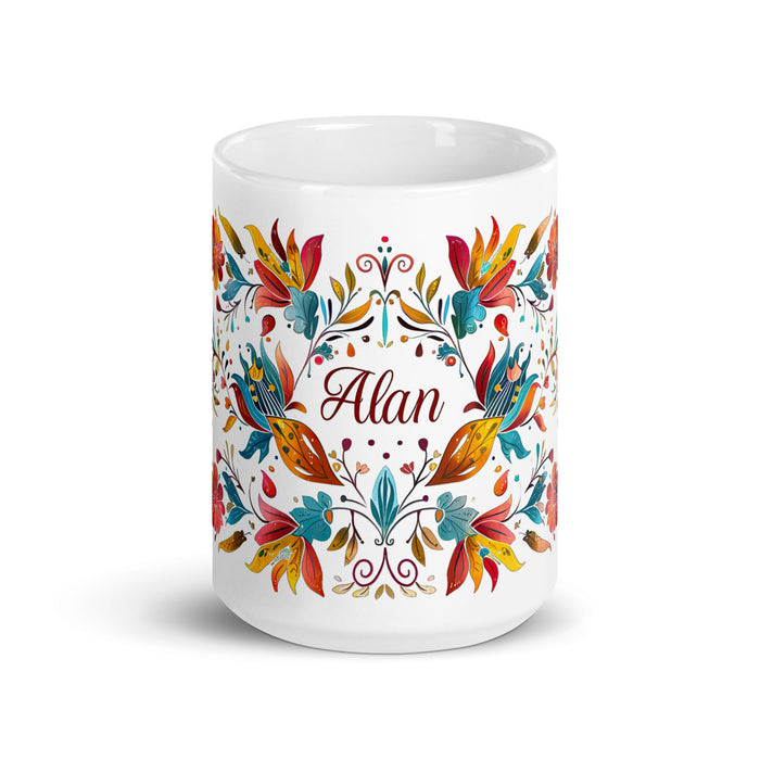 Alan Exclusive Name Art Piece Home Office Work Coffee Mug Mexican Spanish Pride Gift Cup One - Of - A - Kind Calligraphy White Glossy Mug | A6 - Mexicada