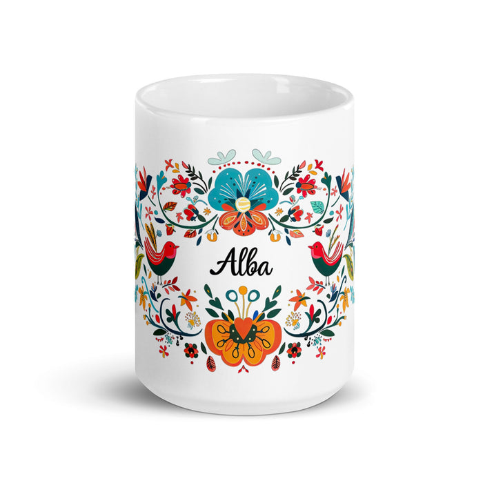 Alba Exclusive Name Art Piece Home Office Work Coffee Mug Mexican Spanish Pride Gift Cup One - Of - A - Kind Calligraphy White Glossy Mug | A1 - Mexicada