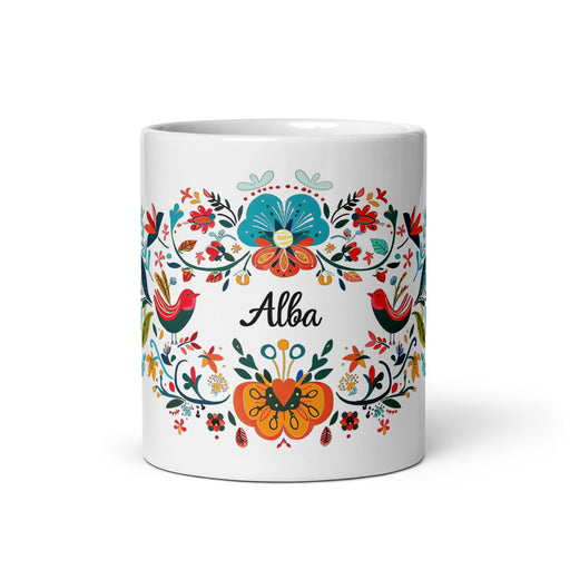 Alba Exclusive Name Art Piece Home Office Work Coffee Mug Mexican Spanish Pride Gift Cup One - Of - A - Kind Calligraphy White Glossy Mug | A1 - Mexicada