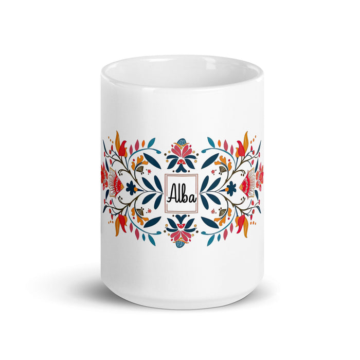 Alba Exclusive Name Art Piece Home Office Work Coffee Mug Mexican Spanish Pride Gift Cup One - Of - A - Kind Calligraphy White Glossy Mug | A16 - Mexicada