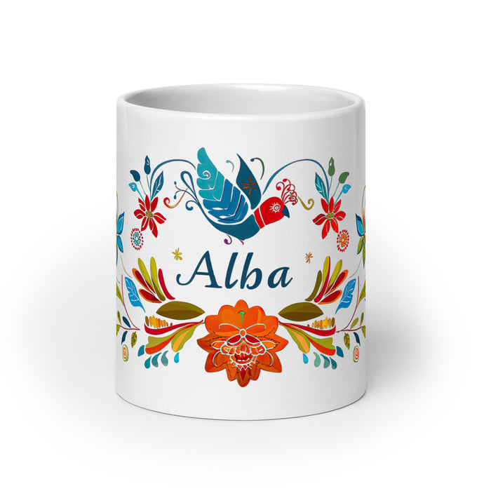 Alba Exclusive Name Art Piece Home Office Work Coffee Mug Mexican Spanish Pride Gift Cup One - Of - A - Kind Calligraphy White Glossy Mug | A2 - Mexicada