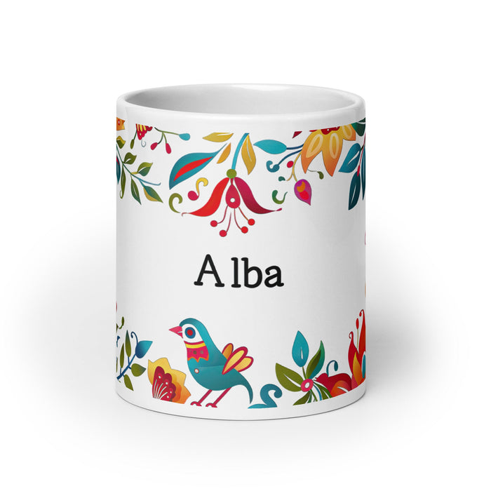 Alba Exclusive Name Art Piece Home Office Work Coffee Mug Mexican Spanish Pride Gift Cup One - Of - A - Kind Calligraphy White Glossy Mug | A26 - Mexicada