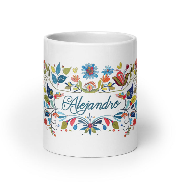 Alejandro Exclusive Name Art Piece Home Office Work Coffee Mug Mexican Spanish Pride Gift Cup One-Of-A-Kind Calligraphy White Glossy Mug | A4 Mexicada