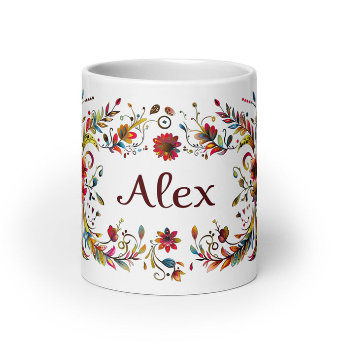 Alex Exclusive Name Art Piece Home Office Work Coffee Mug Mexican Spanish Pride Gift Cup One - Of - A - Kind Calligraphy White Glossy Mug | A1 - Mexicada