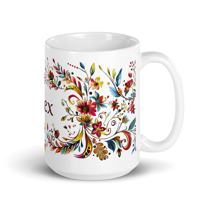 Alex Exclusive Name Art Piece Home Office Work Coffee Mug Mexican Spanish Pride Gift Cup One - Of - A - Kind Calligraphy White Glossy Mug | A1 - Mexicada