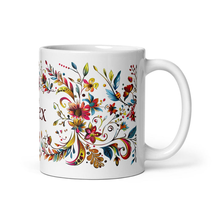 Alex Exclusive Name Art Piece Home Office Work Coffee Mug Mexican Spanish Pride Gift Cup One-Of-A-Kind Calligraphy White Glossy Mug | A1 Mexicada 11 oz