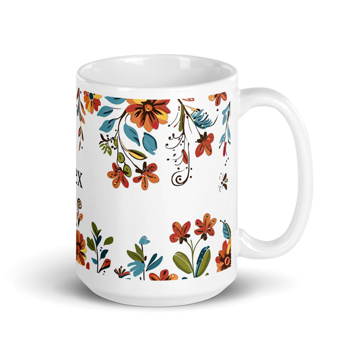 Alex Exclusive Name Art Piece Home Office Work Coffee Mug Mexican Spanish Pride Gift Cup One - Of - A - Kind Calligraphy White Glossy Mug | A2 - Mexicada