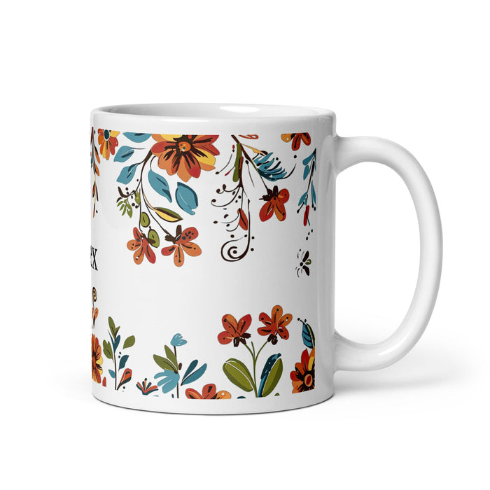 Alex Exclusive Name Art Piece Home Office Work Coffee Mug Mexican Spanish Pride Gift Cup One - Of - A - Kind Calligraphy White Glossy Mug | A2 - Mexicada