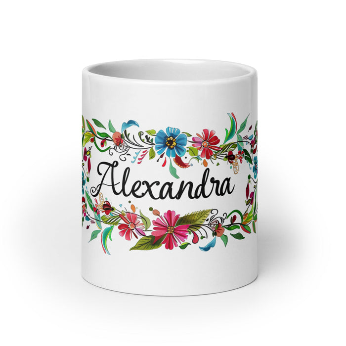 Alexandra Exclusive Name Art Piece Home Office Work Coffee Mug Mexican Spanish Pride Gift Cup One - Of - A - Kind Calligraphy White Glossy Mug | A14 - Mexicada