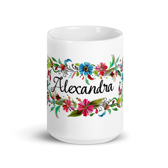 Alexandra Exclusive Name Art Piece Home Office Work Coffee Mug Mexican Spanish Pride Gift Cup One - Of - A - Kind Calligraphy White Glossy Mug | A14 - Mexicada