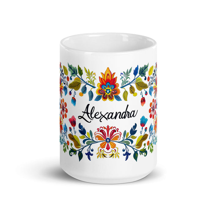 Alexandra Exclusive Name Art Piece Home Office Work Coffee Mug Mexican Spanish Pride Gift Cup One - Of - A - Kind Calligraphy White Glossy Mug | A2 - Mexicada