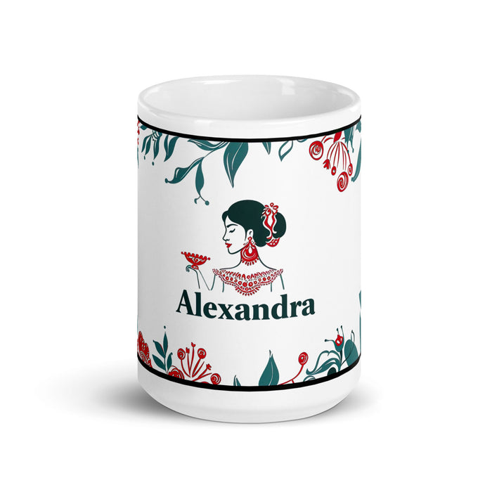 Alexandra Exclusive Name Art Piece Home Office Work Coffee Mug Mexican Spanish Pride Gift Cup One - Of - A - Kind Calligraphy White Glossy Mug | A21 - Mexicada