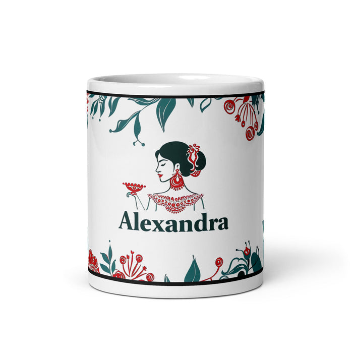 Alexandra Exclusive Name Art Piece Home Office Work Coffee Mug Mexican Spanish Pride Gift Cup One - Of - A - Kind Calligraphy White Glossy Mug | A21 - Mexicada