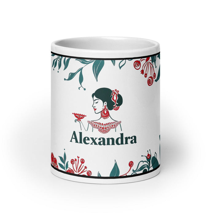 Alexandra Exclusive Name Art Piece Home Office Work Coffee Mug Mexican Spanish Pride Gift Cup One-Of-A-Kind Calligraphy White Glossy Mug | A21 Mexicada