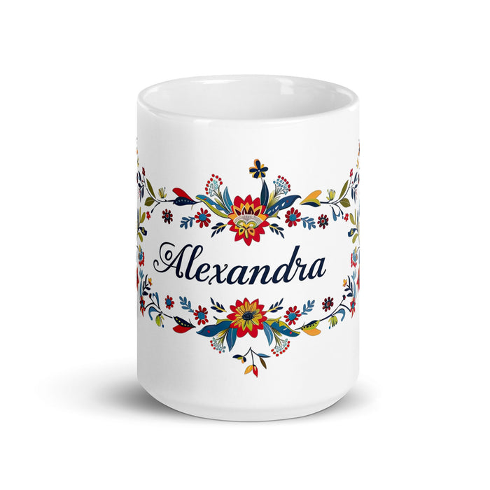 Alexandra Exclusive Name Art Piece Home Office Work Coffee Mug Mexican Spanish Pride Gift Cup One - Of - A - Kind Calligraphy White Glossy Mug | A23 - Mexicada