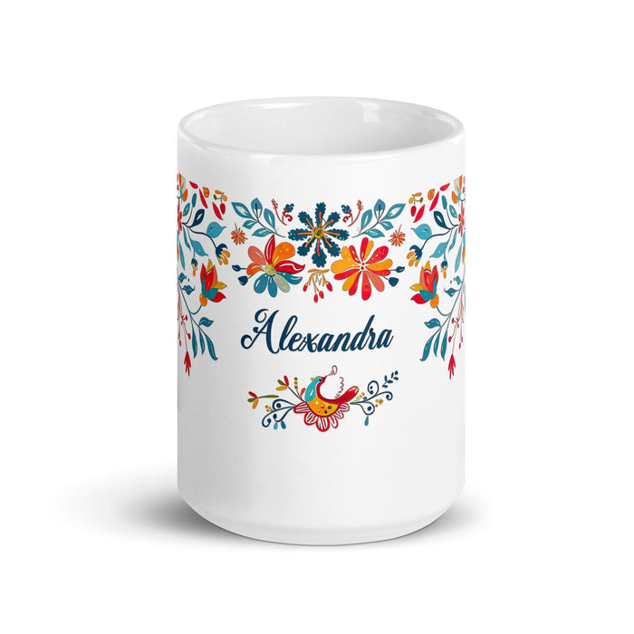 Alexandra Exclusive Name Art Piece Home Office Work Coffee Mug Mexican Spanish Pride Gift Cup One-Of-A-Kind Calligraphy White Glossy Mug | A5 Mexicada