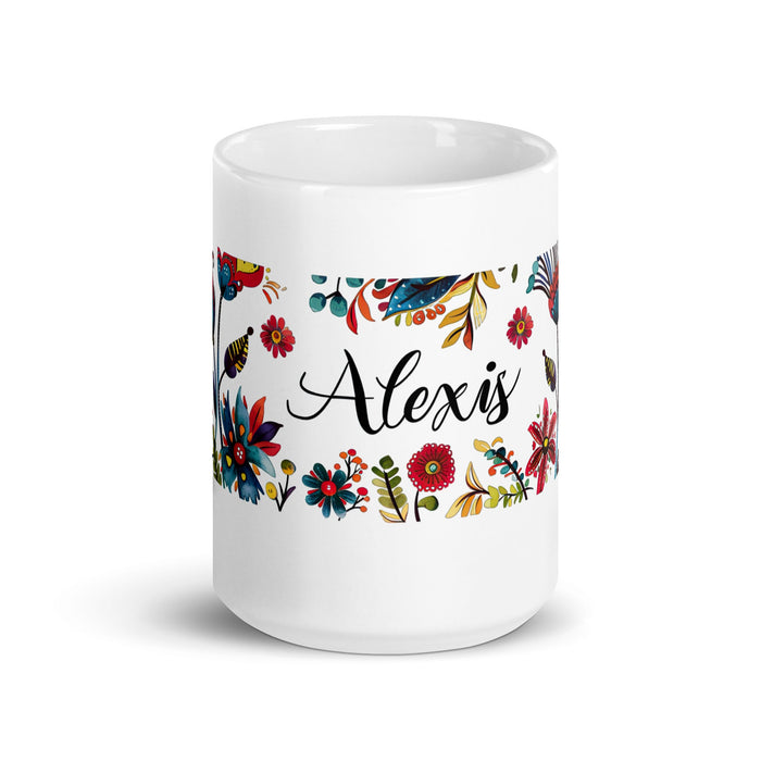 Alexis Exclusive Name Art Piece Home Office Work Coffee Mug Mexican Spanish Pride Gift Cup One - Of - A - Kind Calligraphy White Glossy Mug | A1 - Mexicada